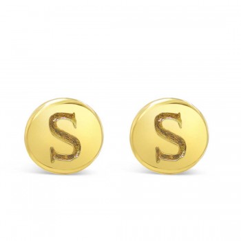 STERLING SILVER EARRING STUD ROUND INITIAL S  CARVED-GOLD PLATE
