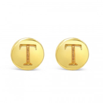 STERLING SILVER EARRING STUD ROUND INITIAL T CARVED-GOLD PLATED