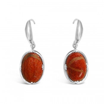 Sterling Silver Earring Genuine Coral Oval Silver Wire Dangling