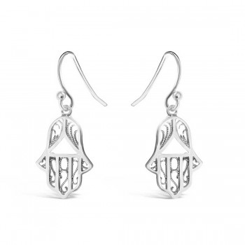 Sterling Silver Earring Hamsa Filigree With Fish Wire*Rhodium P