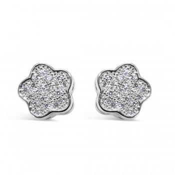 Sterling Silver Earring Stud Plum Flower Clear Cubic Zirconia Pave