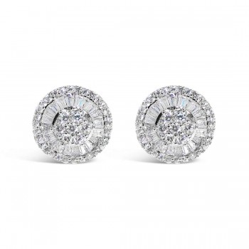 Sterling Silver Earring Stud Round Baguette Radiating Small Cubic Zirconia
