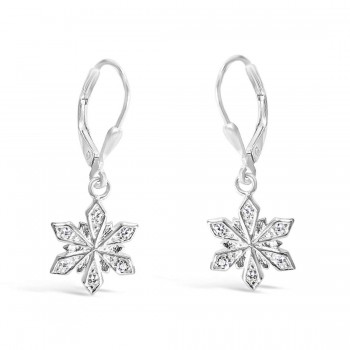 Sterling Silver Earring Snowflake With Clear Cubic Zirconia Leverback