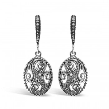 Sterling Silver Earring Oval Filigree Wavy Oxidized Hook Rhodiu