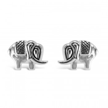 Sterling Silver Earring Stud Elephant Oxidized On Mat And Eye-E