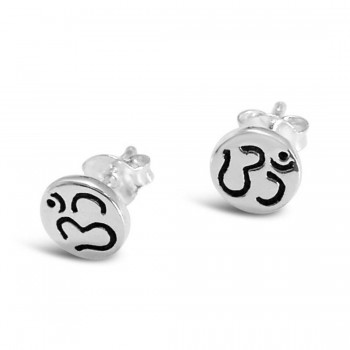 Sterling Silver Earring Stud Round Om Word Oxidized-Ecoat