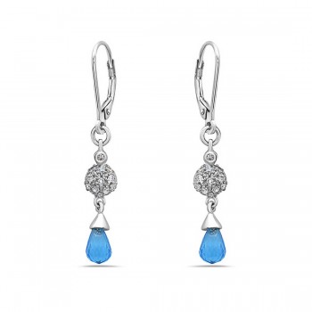 Sterling Silver Earring Aqua Blue Glass Briolette With Clear C