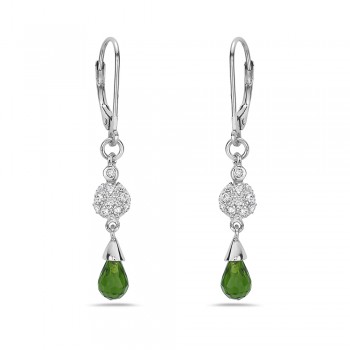 Sterling Silver Earring Peridot Glass Briolette With Clear Cubic Zirconia P
