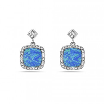 Sterling Silver Earring Square Blue Synthetic Opal Clear Cubic Zirconia Aro