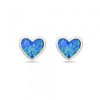Sterling Silver Earring Stud Heart Blue Synthetic Opal