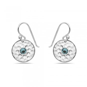 Sterling Silver Earring Round Hammer Center 1 Pc Of Aqua Blue C