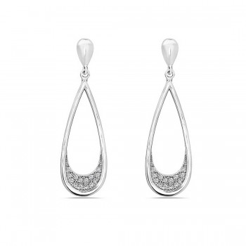 Sterling Silver Earring Tear Drop Line Recesse Clear Pave Cubic Zirconia At