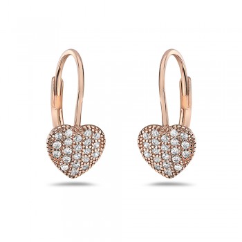 Sterling Silver EARRING PUFFY HEART PAVE LEVER BACK-ROSE GOLD P