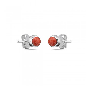 Sterling Silver EARRING STUD TINY ROUND RECONSTITUENT ORANGISH CORAL-2S-7062CR2