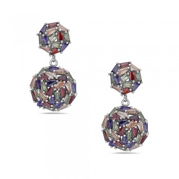 Sterling Silver EARRING BAGUETTE MULTICOLOR Cubic Zirconia DOME 2 ROUND SHA-2S-7148MC