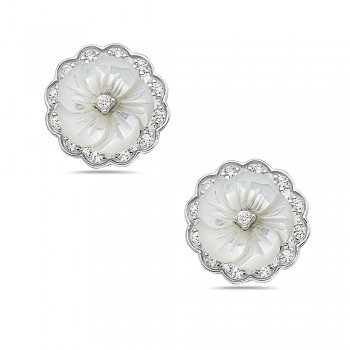 Sterling Silver  EARRING STUD MOTHER OF PEARL FLOWER Cubic Zirconia BORDER-2S-7188MCL