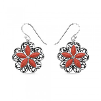 Sterling Silver EARRING DNAGLE FLOWER FIVE PETALS RECONSTITUENT CORAL-2S-7215CR2