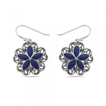 Five-Petal Lapis Lazuli Studded Silver Flower Earrings