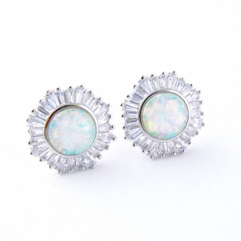 Sterling Silver EARRING BUTTON WHITE OPAL LAB CREATED BAGUETTE -2S-7255WOPCL