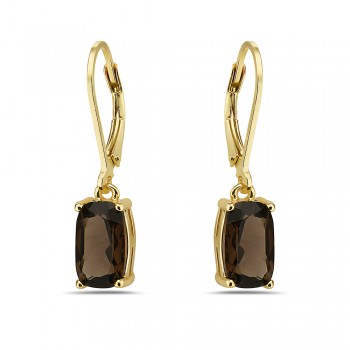 Sterling Silver  EARRING LONG CUSHION GENUINE SMOKEY QUARTZ WITH LEVERBACK-GOLD PLATE-2S-7290SMGD