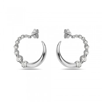 Sterling Silver EARRING OPEN CIRCLE HALF Cubic Zirconia HALF PLAIN POST ON -2S-7307CL