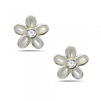 Sterling Silver EARRING BUTTON FLOWER Cubic Zirconia CENTER MOTHER OF PEARL-2S-7308M
