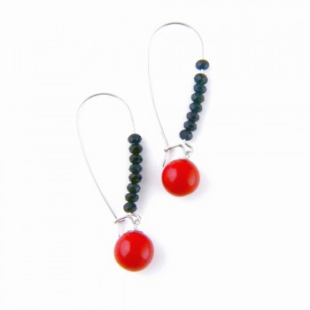 Sterling Silver EARRING LONG KIDNEY WIRE BLACK CRYSTAL ALONG THE LINE WITH RED RECONSTITUENT CORAL DROP-2S-7315CRBK