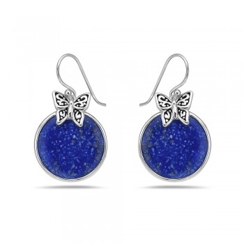 Sterling Silver EARRING BUTTERFLY ROUND GENUINE LAPIS OXIDIZE
