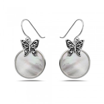 Sterling Silver EARRING BUTTERFLY ROUND MOTHER OF PEARL OXIDIZE-2S-7332MOX