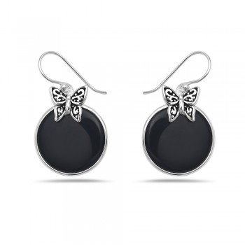 Sterling Silver EARRING BUTTERFLY ROUND BLACK ONYX OXIDIZE