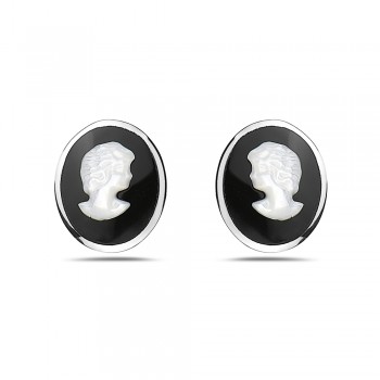 Sterling Silver EARRING OVAL BLACK ONYX MOTHER OF PEARL CAMEO L