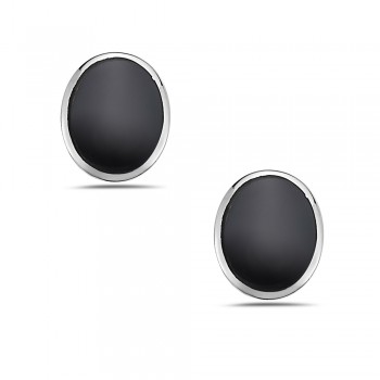 Sterling Silver EARRING OVAL BLACK ONYX BUTTON