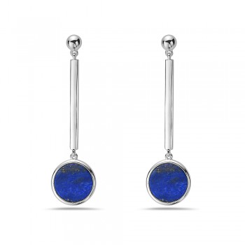 Sterling Silver EARRING LINEAR WITH ROUND DISC OF GENUINE LAPIS