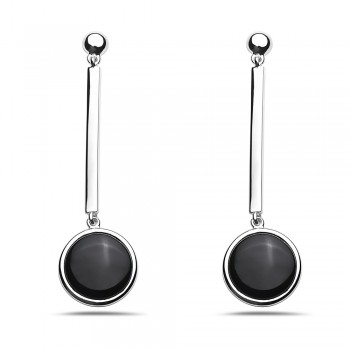 Sterling Silver EARRING LINEAR WITH ROUND DISC OF BLACK ONYX