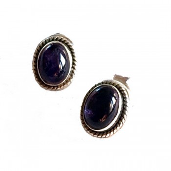 Sterling Silver Earring Geniue Amthyst Cabochone Oval Post