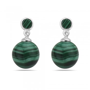 Sterling Silver EARRING GENUINE MALACHITE BALL DROP TOP WITH MA