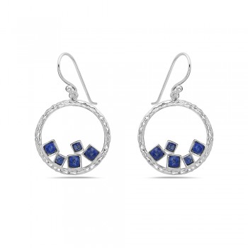 Sterling Silver EARRING OPEN CIRCLE WITH 5 GENUINE LAPIS SQUAR