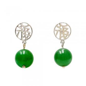 Sterling Silver Earring Lucky Top with Green Jade Beads