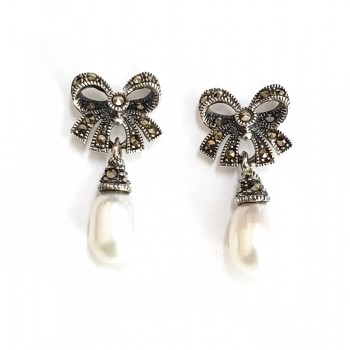 Marcasite EARRING DANGLE BOW WITH CAPPED FRESH WATER PEAR