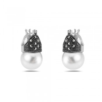 Marcasite Earrings 11mm Faux Pearl with Marcasite Latch Back