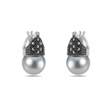 Marcasite Earrings 11Mm Faux Gray Pearl With Marcasite Latch Back