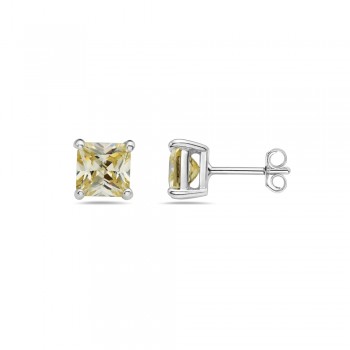 Sterling Silver Earring Canary Yellow Cubic Zirconia Square Princess Cut 7M