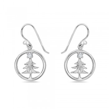 Sterling Silver Earring Circle With Christmas Tree+Fish Hook**Rhodium Plating