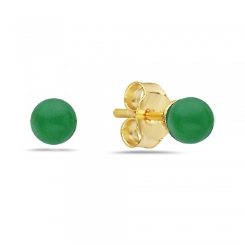 Sterling Silver EARRING 8MM GREEN JADE BALL STUD-GOLD PLATE-2S-3924JGD-8
