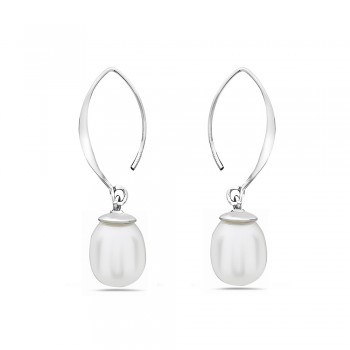 Sterling Silver Earring Small Almond Hook with 8mm White Fresh Water Pearl--Rhodium Plating/Nickle Free