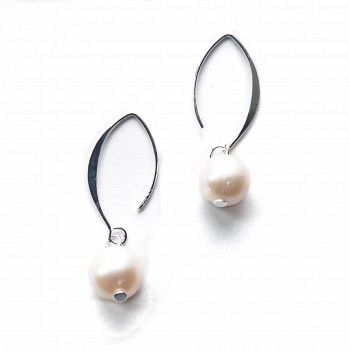 Sterling Silver Earring Small Almond Hook with 9-10mm White Fresh Water Pearl--E-