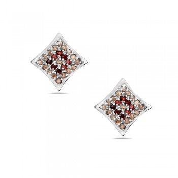 Sterling Silver Earring 10X10mm (Concave) Squeeze in Pave Garnet /Champagne Cubic Zirconia