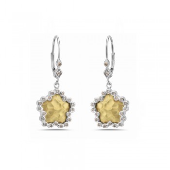 Sterling Silver Earring 15mm 2 Tone Gold Hammered Star with Champagne Cubic Zirconia Aro