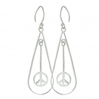 Sterling Silver Earring 34X14mm Plain Open Dangling Peace Symbol T