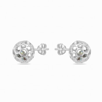 Sterling Silver Earring 11mm Open Silver Hexagon Ball with Clear AB color Cyrstal C